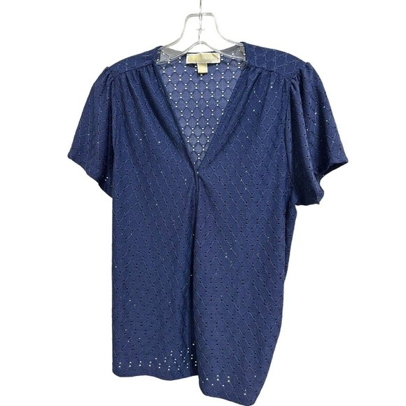 Women's Michael‎ Kors Short Sleeve Wrap Tie Top Medium eyelet Navy - Picture 1 of 9